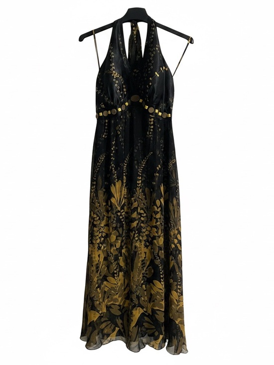 Signature by Sangria Dresses & Skirts - Signature by Robbie Bee black and gold floral silk halter maxi dress.